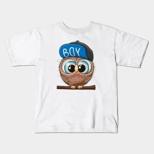 Cute little owl with big eyes and a cap with the inscription boy Kids T-Shirt